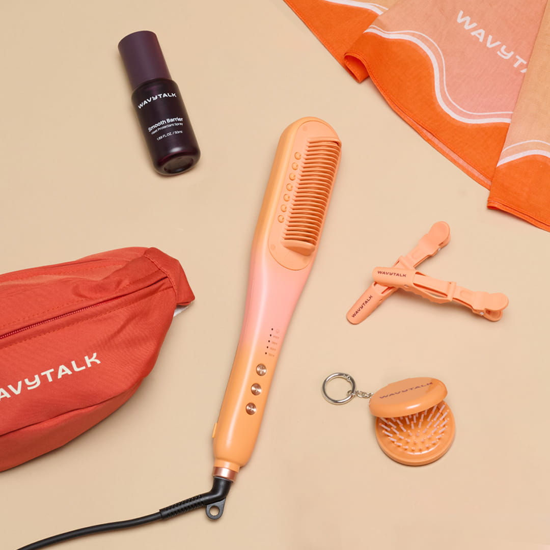 Orange hair styling tools and accessories on a beige background with 'Wavytalk' branding.