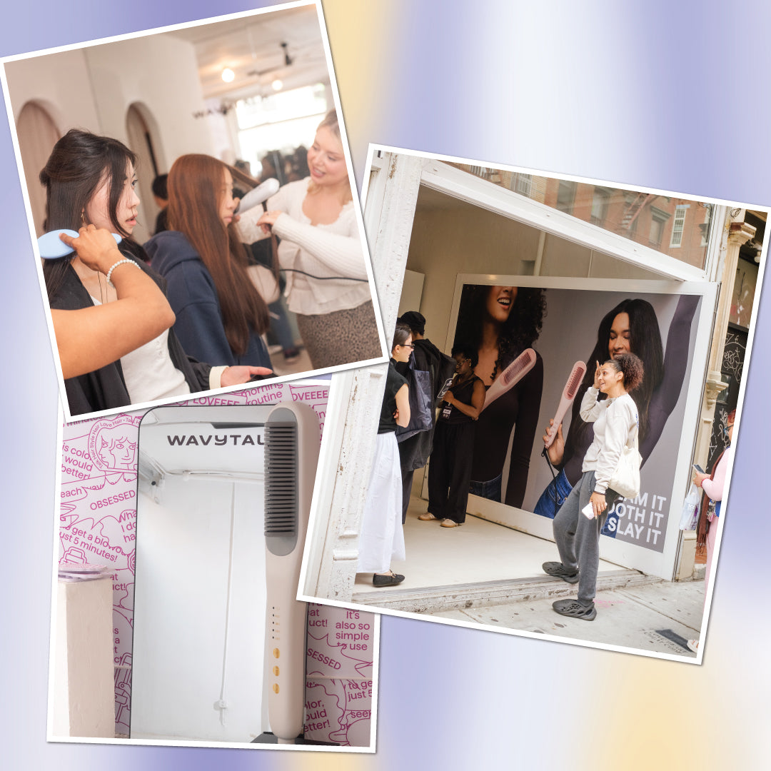 A collage featuring the Wavytalk hair straightener brush, showcasing customers trying the product at a live pop-up event and a stylish retail storefront display.