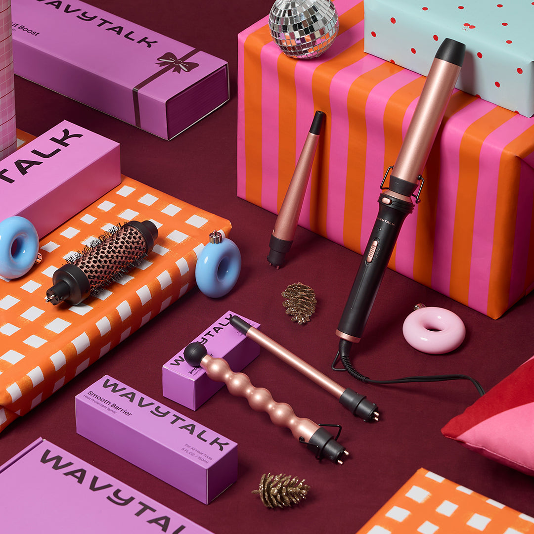 WavyTalk Multi Curl on a colorful background with gift boxes.