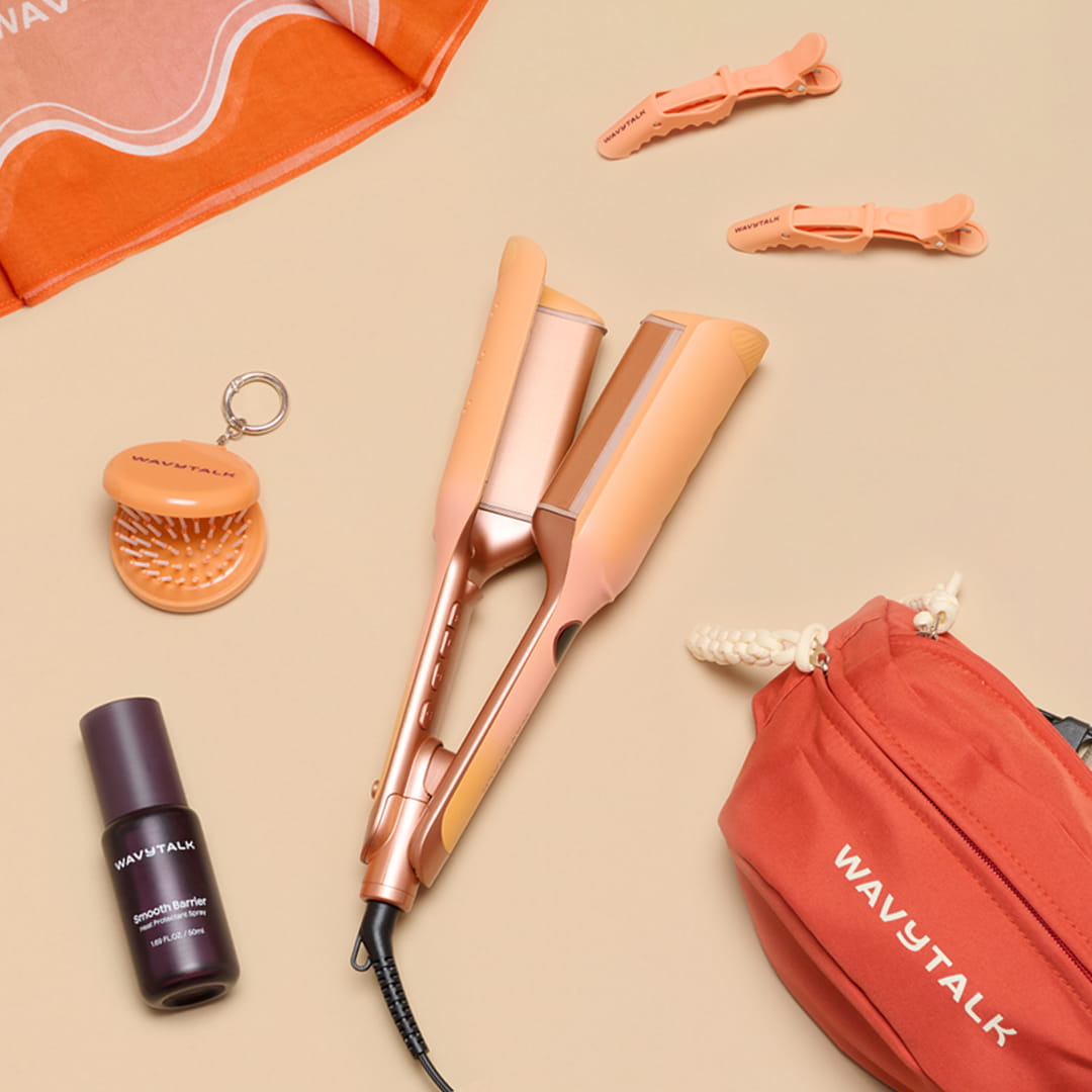 Hair straightener, hair product, and carrying case on a beige background with 'Wavytalk' branding.