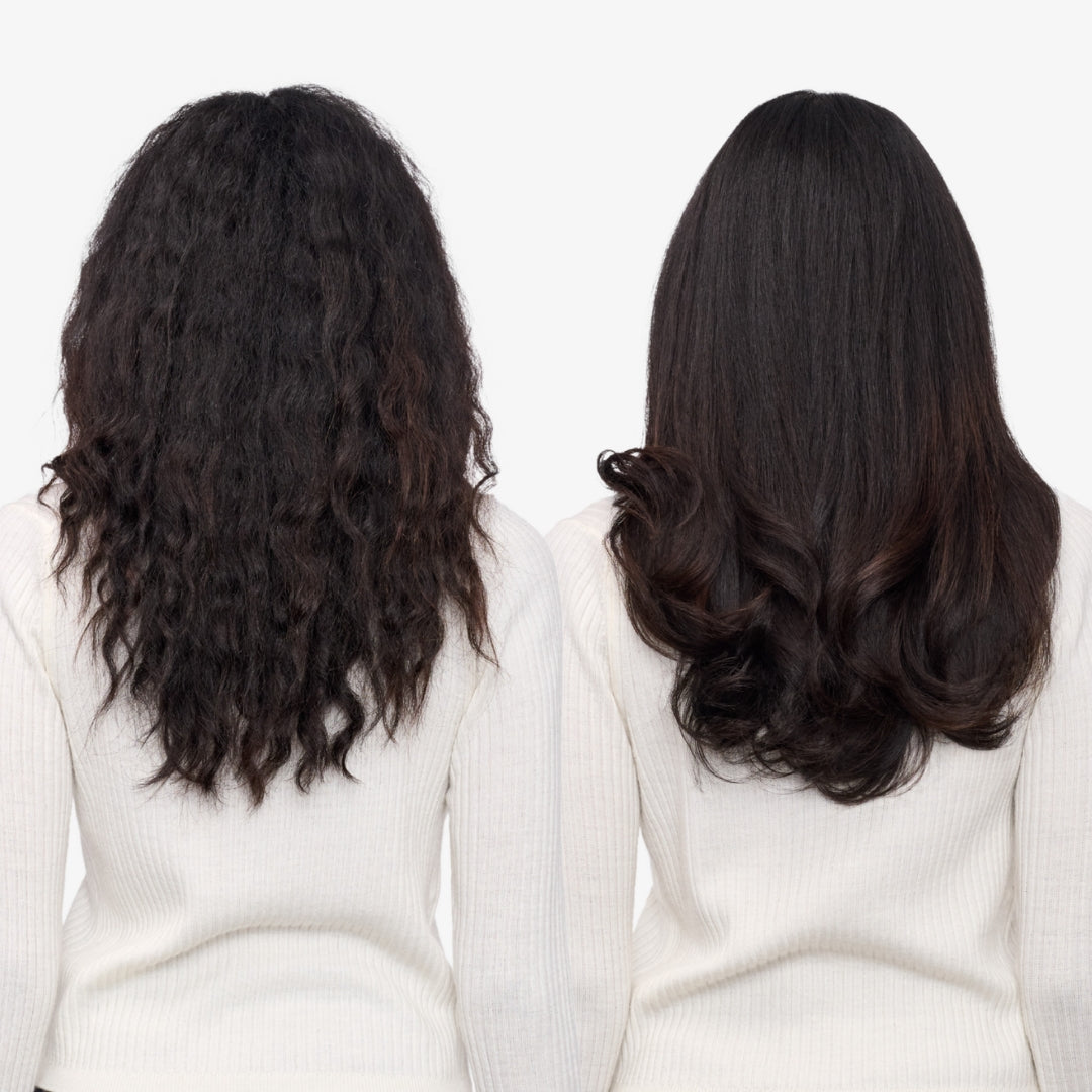 Before and after comparison of frizzy hair and smooth, styled hair