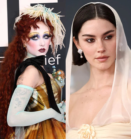 Chappell Roan and Gracie Abrams showcasing Grammy Awards 2025 hairstyles - voluminous textured curls and sleek shiny hair