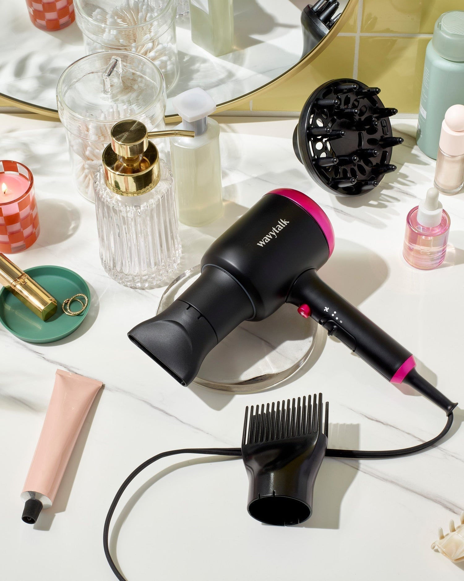Wavytalk hair dryer with diffuser and styling attachments on a bathroom vanity