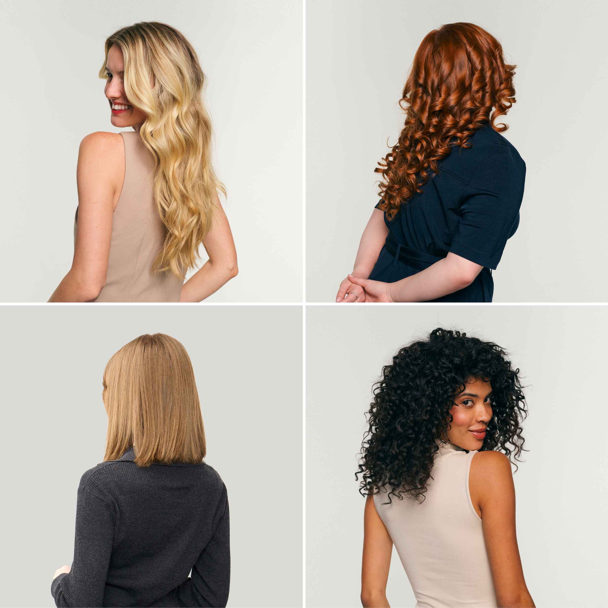 Four girls each showcase their hairstyles: Straight Hair, Wavy Hair, Curly Hair, and Coily Hair.