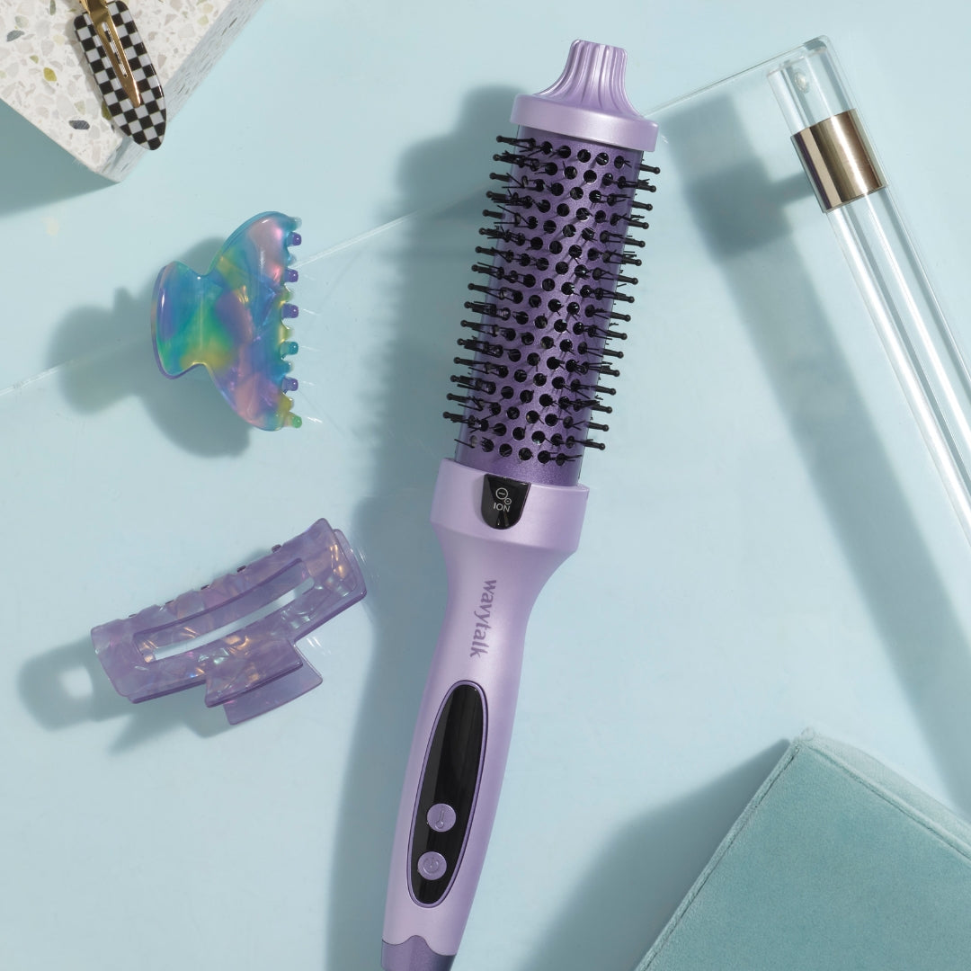 Wavytalk Blowout Boost thermal brush with hair accessories.
