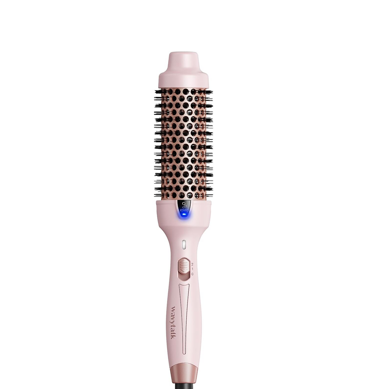 Wavytalk Blowout Boost thermal brush with a pink handle and rose gold ionic barrel for hair styling and volumizing.