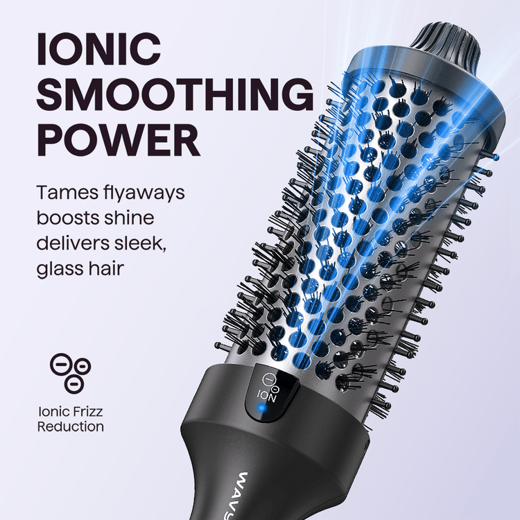Black Blowout Boost Grande with bristle design on a light gray background, featuring text about ionic smoothing power.