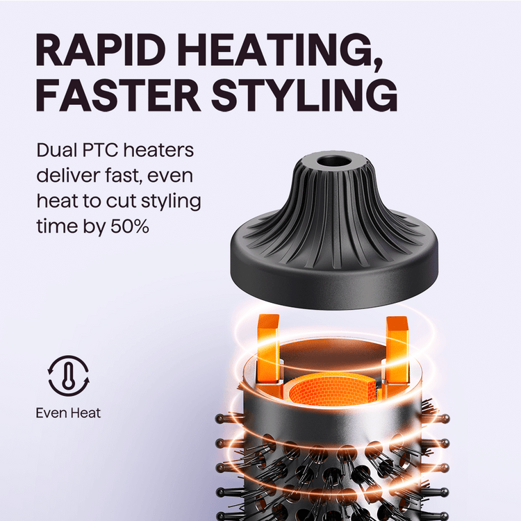 Black Blowout Boost Grande with dual PTC heaters and text about rapid heating and faster styling.