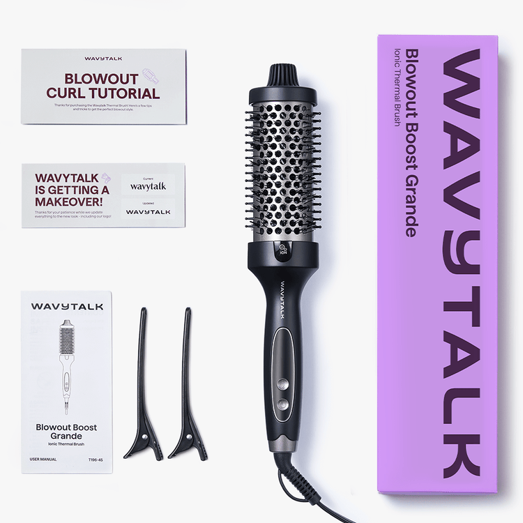 Wavytalk Black Blowout Boost Grande hair styling tool with packaging and accessories on a white background