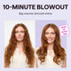 Before and after comparison of hair styled with a 10-minute blowout product on a light purple background.