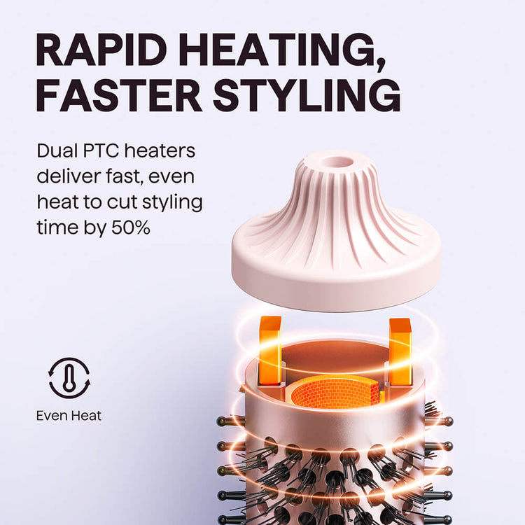 Pink Blowout Boost hair styling tool with dual PTC heaters and text about rapid heating and faster styling.