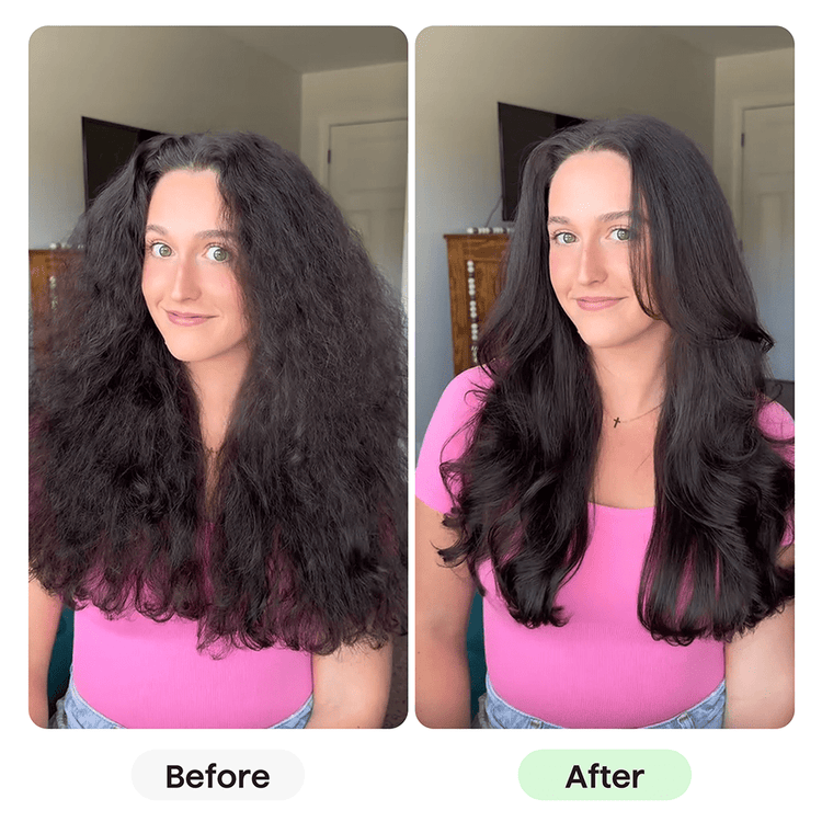 Before and after comparison of a person with long, wavy hair styled differently using Blowout Boost thermal brush