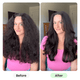 Before and after comparison of a person with long, wavy hair styled differently using Blowout Boost thermal brush