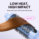 Light blue Blowout Boost thermal brush with hair, highlighting 'Low Heat, High Impact' feature on a light purple background.