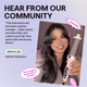 Woman holding a pink Blowout Boost Hair styling tool with text about community feedback on a thermal brush.