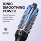 Rose Gold Blowout Boost with blue bristle head and black handle on a light gray background, featuring text about ionic smoothing power.