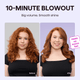 Before and after comparison of a woman's hair with text indicating a '10-Minute Blowout' product.
