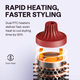 Red hair dryer head with dual PTC heaters and text about rapid heating and faster styling.