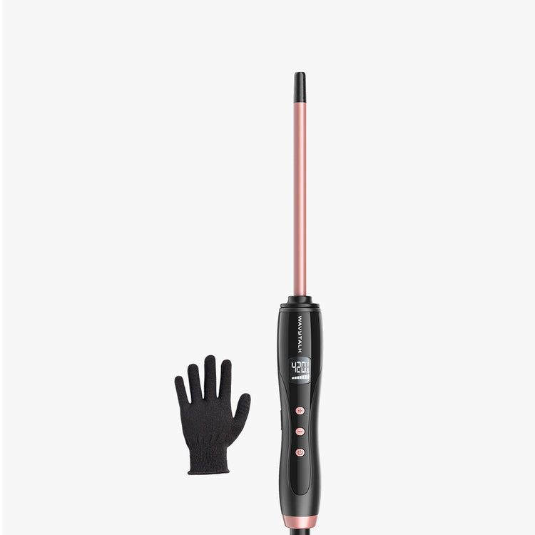 Hair straightener with digital display and a black glove on a white background