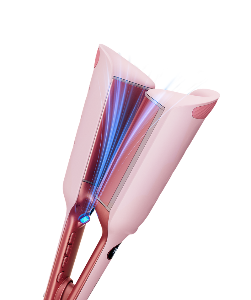 Pink hair straightener with blue light on a white background