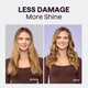 Before and after comparison of a woman's hair with text 'LESS DAMAGE More Shine' by using Pink Multi Curl 5-in-1 tools.