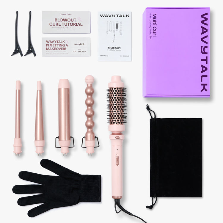 Hair styling tool set with pink Multi Curl, a glove, and a purple box labeled 'Wavytalk' on a white background.
