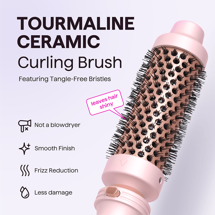 Pink Multi Curl 5-in-1 curling brush with features on a light purple background