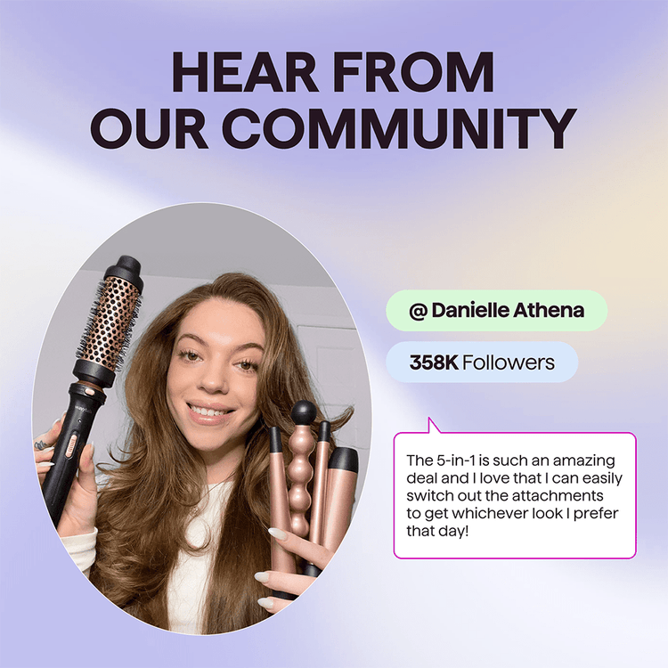 Woman holding Pink Multi Curl 5-in-1 tools with text overlay about community feedback and social media engagement.