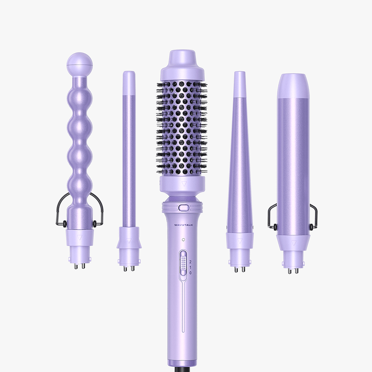 Purple Multi Curl 5-in-1 hair styling set with five interchangeable attachments for curling and volumizing, displayed on a clean white background.