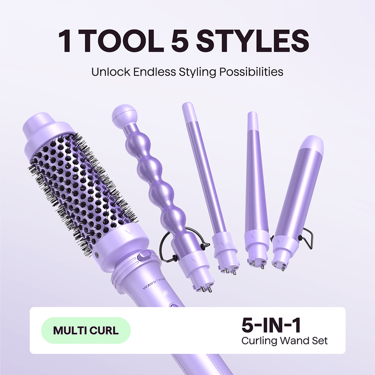 Purplr Multi Curl 5-in-1 hair styling set with interchangeable curling wand attachments for versatile salon-style results, featured on a light purple background.