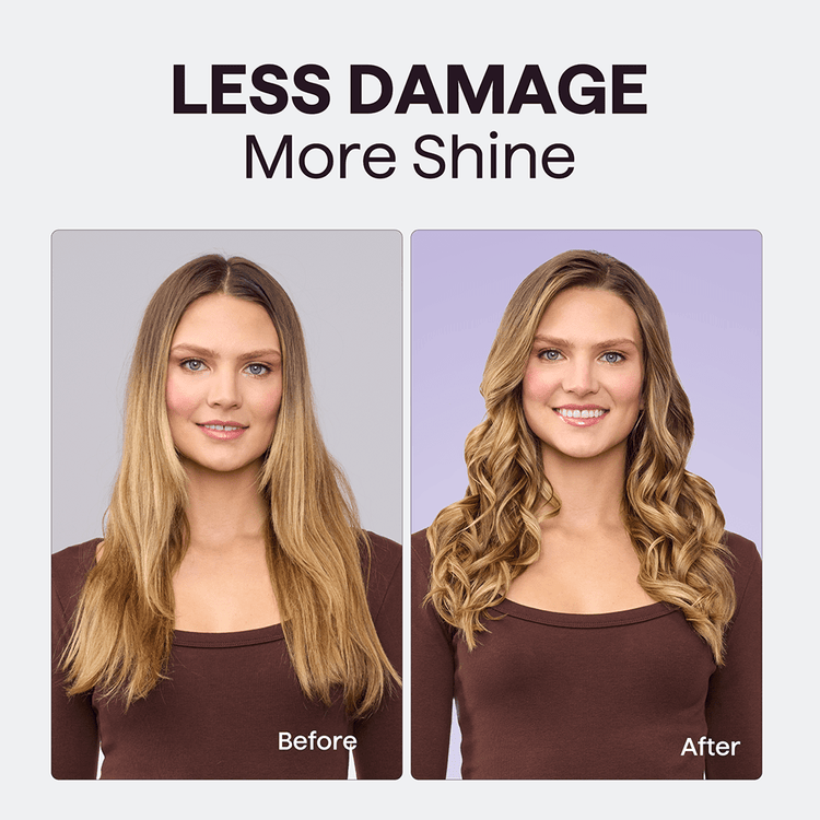 Before and after comparison of a woman's hair with text 'LESS DAMAGE More Shine'.