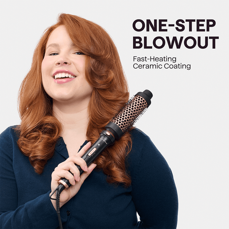 Woman using the Thermal Brush attachment from the Multi Curl 5-in-1 set with text 'One-Step Blowout' on a light gray background