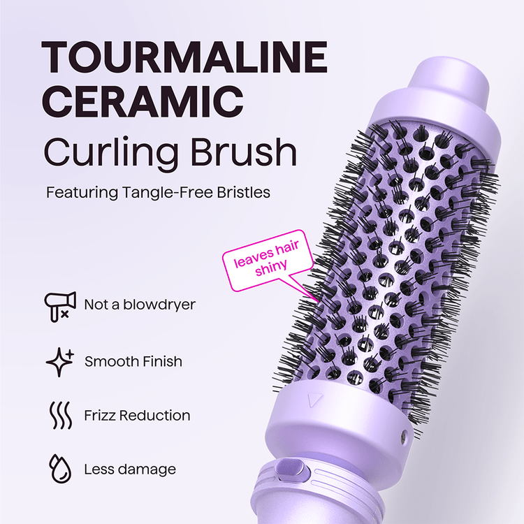 Purple Thermal Brush attachment from the Multi Curl 5-in-1 set, featuring a detailed benefits list for voluminous styling on a light purple background.
