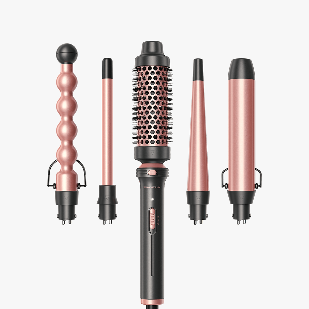 Rose gold Pink Multi Curl 5-in-1 set  hair styling tools on a white background