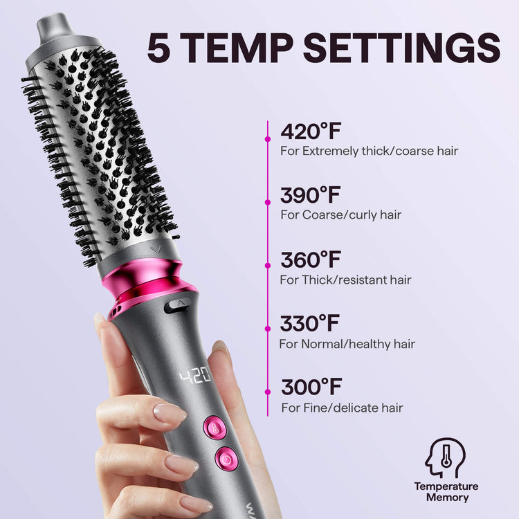 Grey Blowout Boost hair styling tool with temperature settings displayed on a light purple background