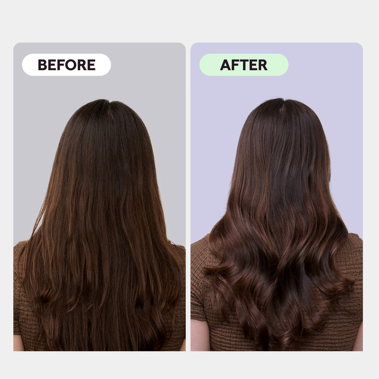 Before and after comparison of hair with a textured style on a plain background