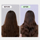 Before and after comparison of hair with a textured style on a plain background