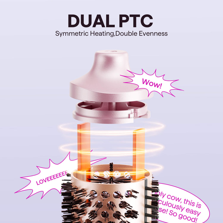 Pink Heatwave Pro 1.5 inch hair styling tool with Dual PTC technology on a light purple background
