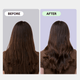 Before and after comparison of hair treatment on a person with long, dark brown hair by using pink Heatwave Pro