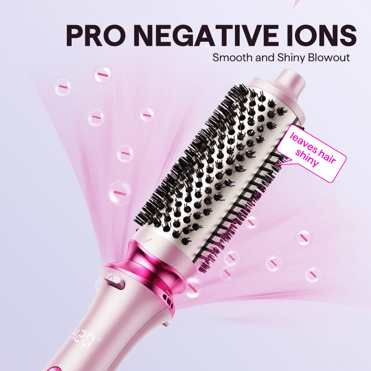 Pink Heatwave Pro with black bristles on a light purple background, featuring text about pro negative ions.