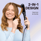 Gold Rose Sleek Sweep 2-in-1 flat iron and comb being used to style hair, featured on a light purple background.