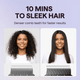 Before and after hair comparison using the Gold Rose Sleek Sweep denser comb, featuring the text "10 Mins to Sleek Hair" on a light purple background.