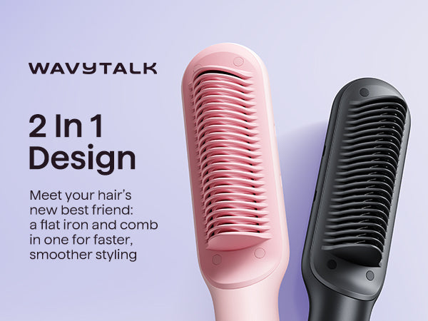 2-in-1 hair styling tool with pink comb and black flat iron on a light purple background, featuring Wavytalk branding.