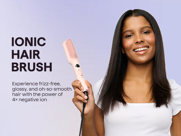 Woman holding an ionic hair brush with promotional text on a light purple background