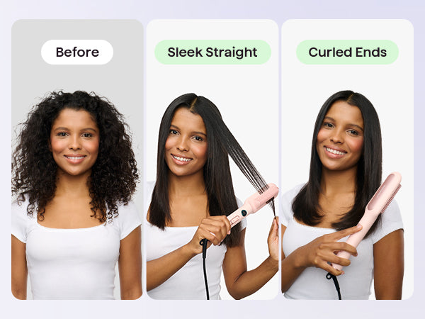 Before and after hair transformation with a woman using a straightening and curling iron.