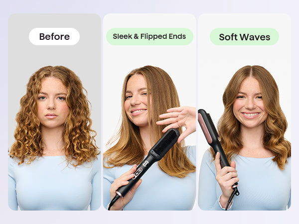 Before and after comparison of hair styling with a hair straightener.