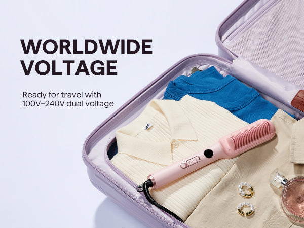 Travel accessories in an open suitcase with 'Worldwide Voltage' text on a light purple background
