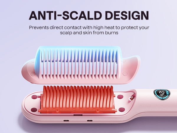 Hair straightening tool with anti-scalp design feature on a light purple background