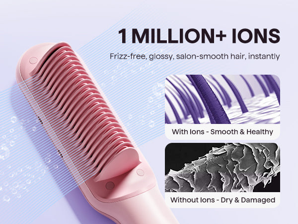 Pink hairbrush with text about ions on a light blue background