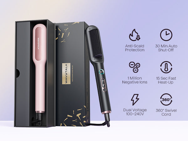 Hair straightener with packaging and feature icons on a light purple background